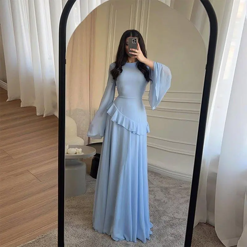Women's Feminine Peplum Chiffon Ruffle Gown, Adjustable Tie-Back, Long Bell Sleeves, Tiered Maxi Dress (MS227)