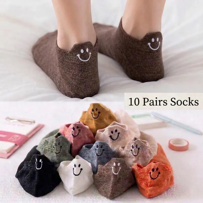 Women's 10 Pairs Smiley Face Embroidery Breathable Cotton Low Cut Boat Socks - Colorful Mix Assorted Colored Ankle Socks, Lightweight, Anti-Slip, Comfy, All Seasons Hosiery for Gym, Casual Use