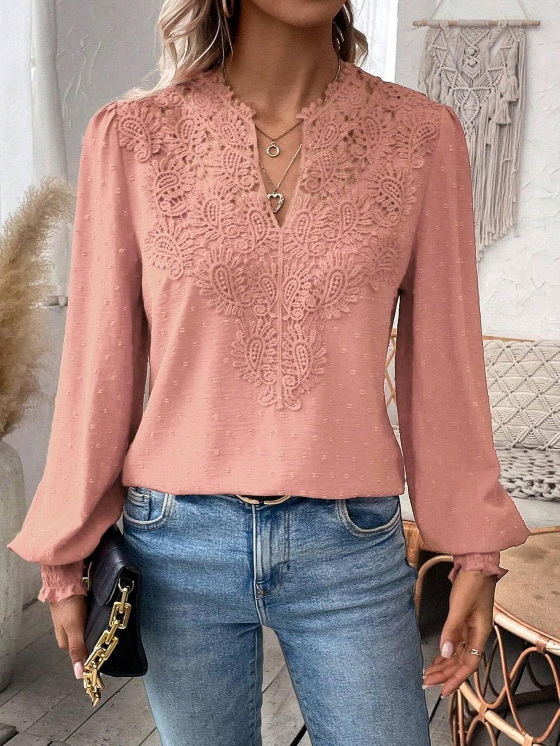 Womens Dressy Lace Blouse V-Neck Ruffle Long Sleeve T Shirt 2026 Fall Fashion Clothes Lace Crochet Casual Boho Tees Tops