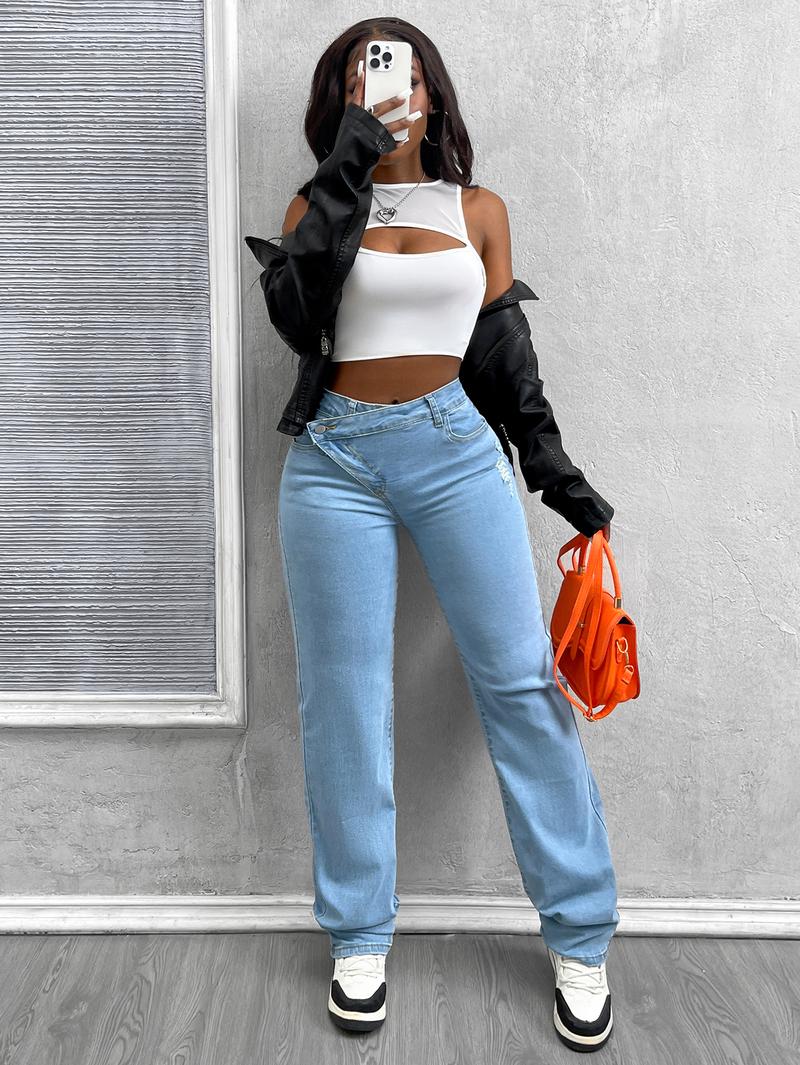 Light Wash High Waisted Asymmetrical Button Wide Leg Jeans for Women - Retro Denim Pants with Y2K Style Light Wash High Waisted Asymmetrical Button Wide Leg Jeans for Women - Retro Denim Pants with Y2K Style