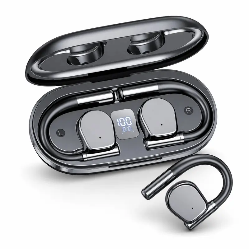 Wireless Earbuds Open Ear Headphones with Secure Ear Hooks, 13mm Stereo Sound, CVC Clear Calls, 32H Charging Case, Individual LED Power Display, Touch Volume Control, Type C Charging for Sports Work Travel