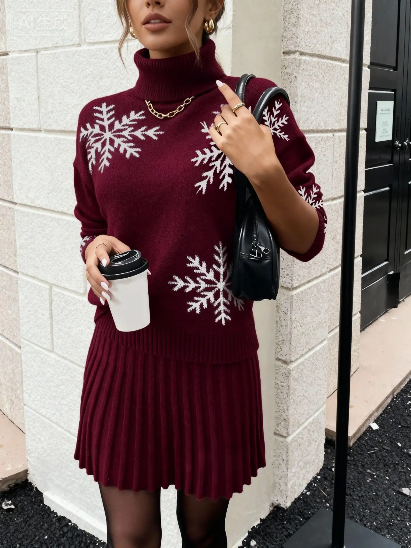 Two-Piece Set Snowflake Sweater Pleated Skirt, Elegant Slim Fit, High Neck Long Sleeve, Fall Winter Casual for Women