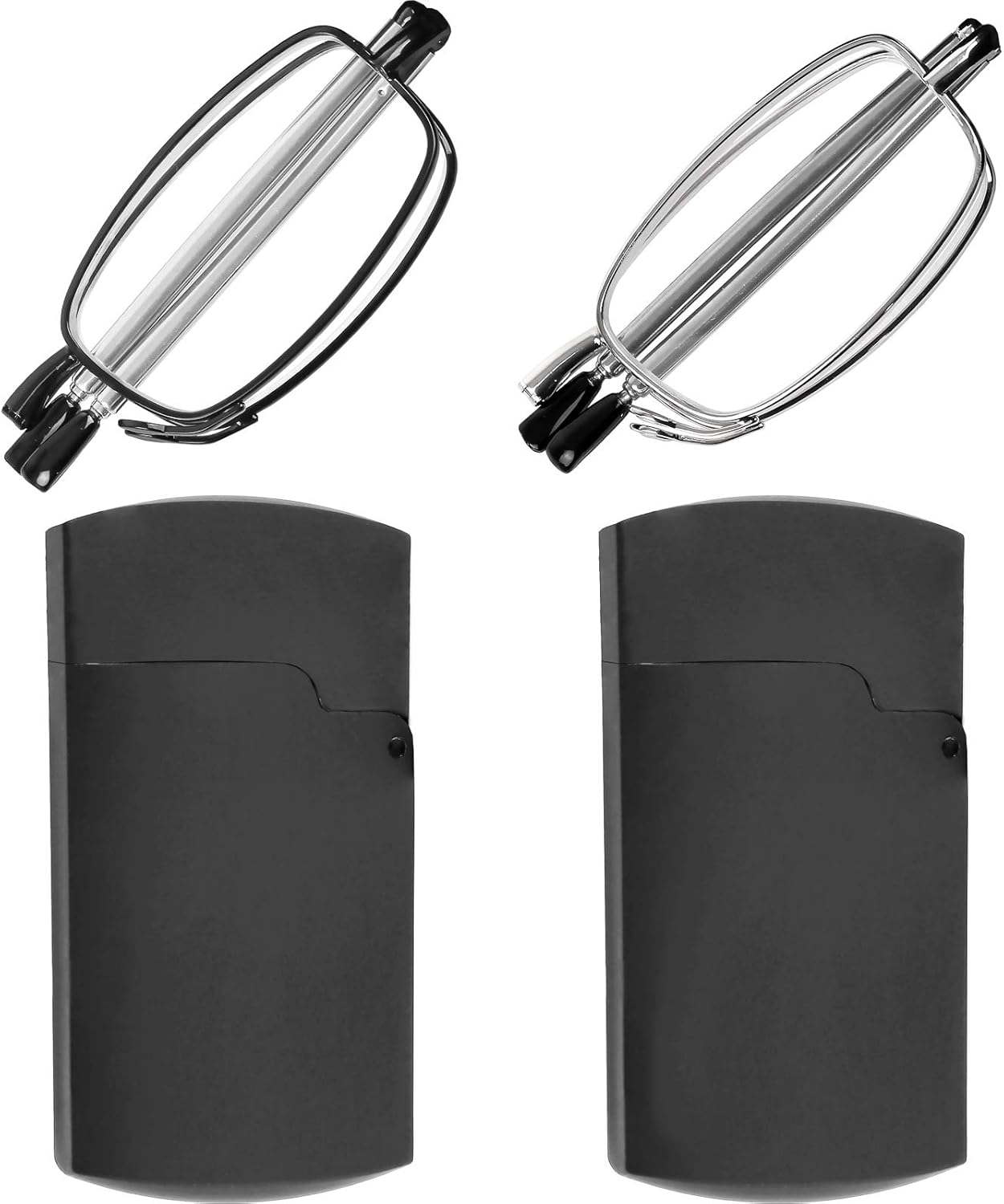 Reading Glasses 2 Pair Black and Gunmetal Readers Compact Folding Unisex Glasses for Reading Case Included