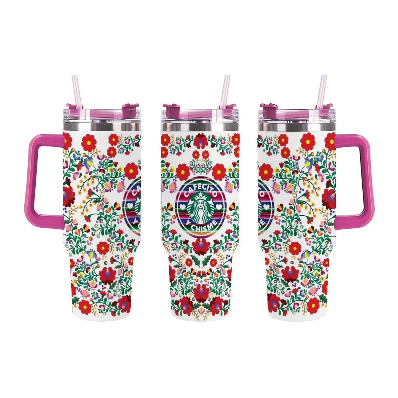 40oz Mexican Otomi Floral Tumbler with Straw - Cafecito Y Chisme Latina Aesthetic Insulated Cup, Colorful Fiesta Design Leakproof Travel Mug for Coffee Lovers, Vibrant Mexican Folk Art Floral Insulated Cup with Pink Handle, Hispanic Heritage Travel Mug