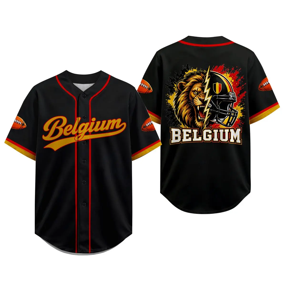 Belgium Baseball Jersey for Men Women, Black Button Down Sports Shirt, Unisex Game Day Fan Top with Lion Helmet Graphic, Short Sleeve Team Style Jersey, Casual Streetwear Outfit for Parties, Tailgate, Football Fans