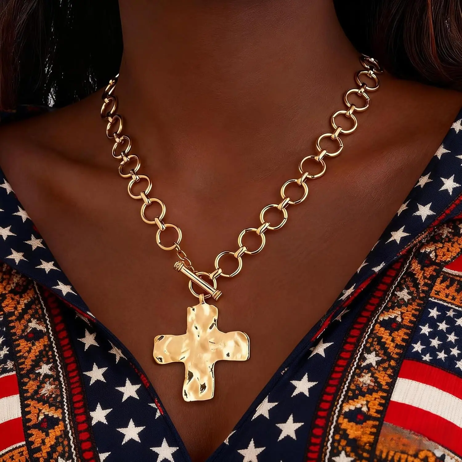 Gold Chunky Cross Necklace for Women Statement Cross Pendant Necklace Layered Hammered Bold Cross Necklace Vintage Toggle Clasp Necklace Jewelry For Easter Gift`