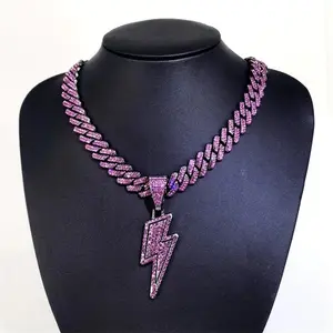 Hip Hop Full Purple Cz Zircon Lightning Pendants Necklace With 20inch Iced Out Miami Cuban Chain Rapper Party Wear Jewelry