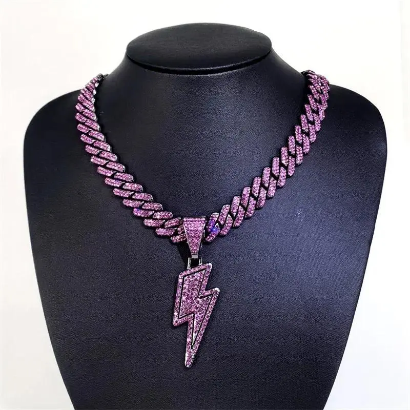 Unisex Iced Out Miami Cuban Necklace - 20in(50cm) Metal Coating Purple CZ Zircon Lightning Bolt Pendant, Long Casual Daily Rapper Party Wear Costume Jewelry