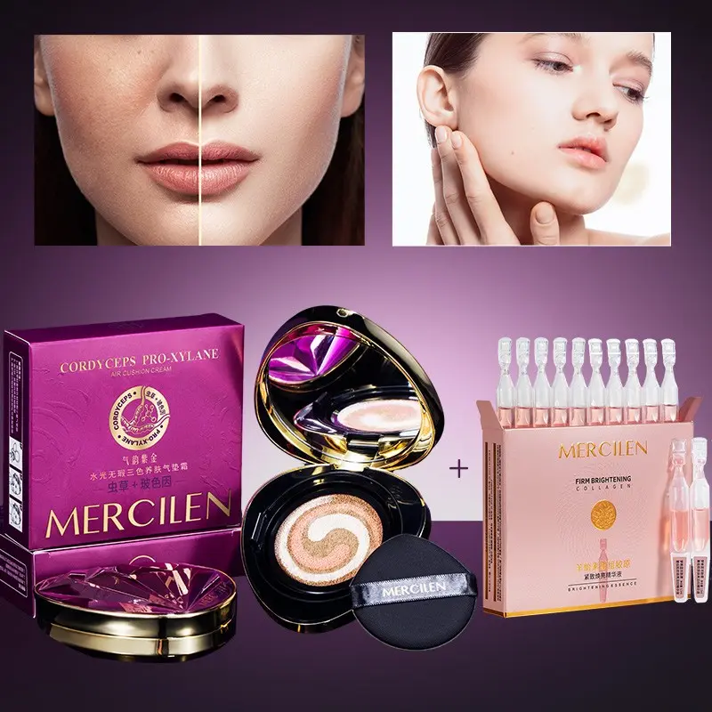 Mercilen Tri-Color Cushion Foundation 15g*2, Collagen Hydrating Essence 1.5ML*10, Niacinamide, Plant Squalane, Long-Lasting Makeup, All Skin Types