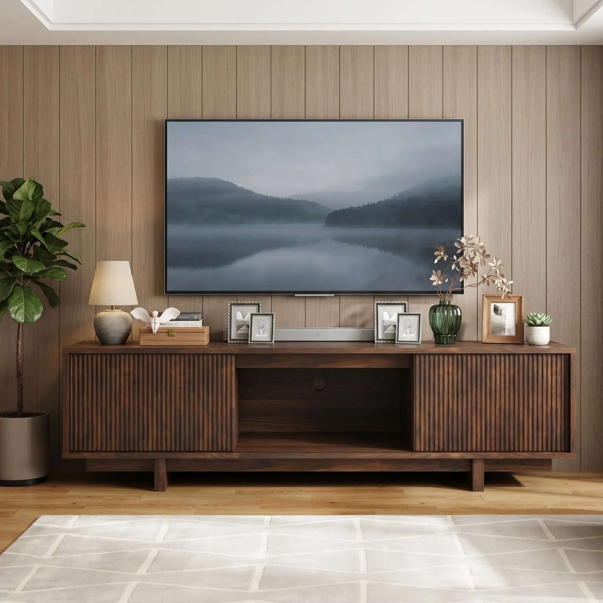 63 Inch Fluted TV Stand Mid Century Entertainment Center with Sliding Doors for 70 Inch TV Modern Media Console Cabinet for Living Room