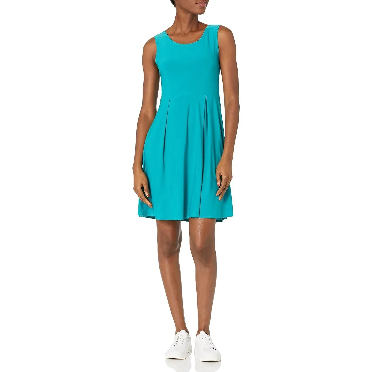 Women's Plus-sz Classic Str Ponte KNT Slvlss Box-PLT Fitnflare Dress