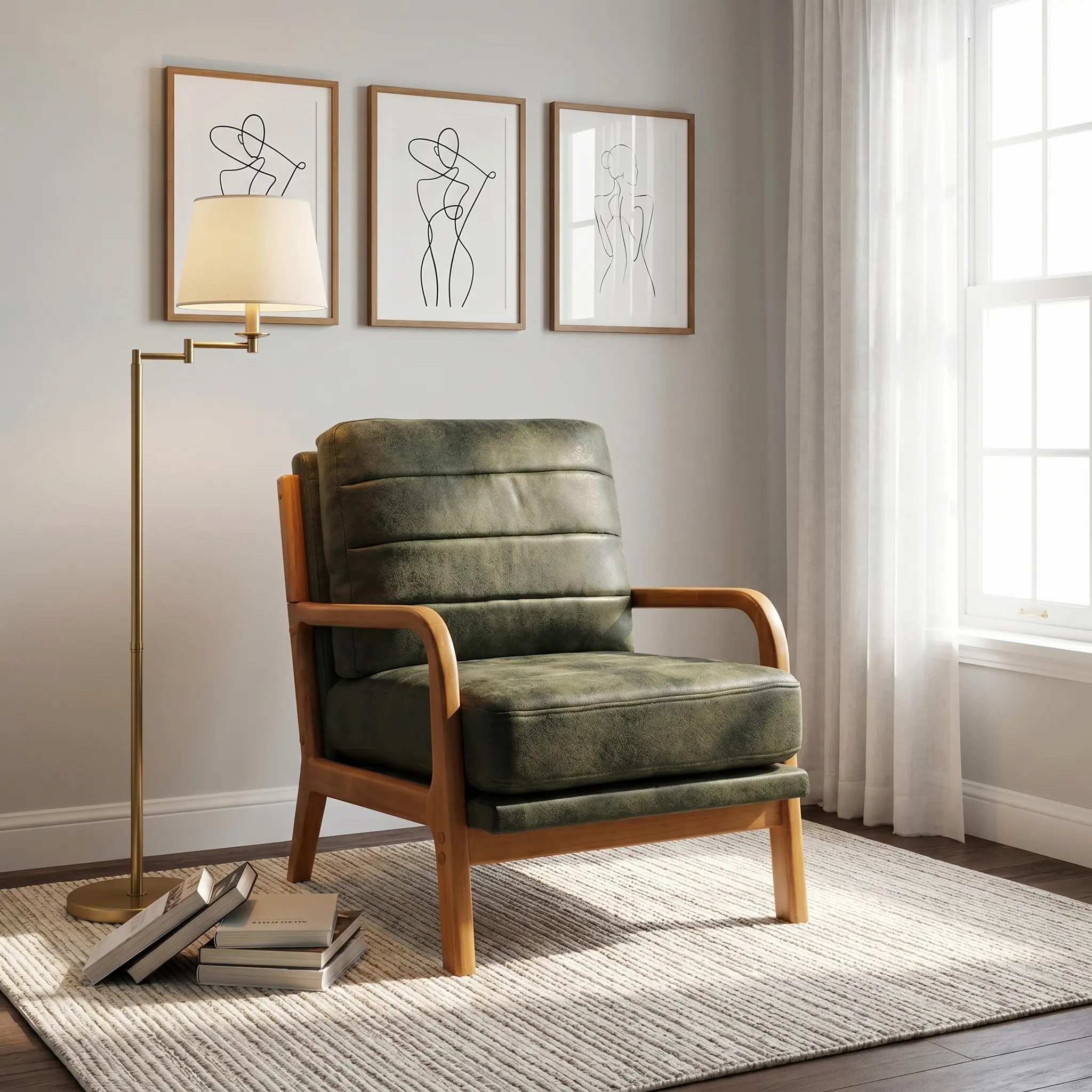 ARCH Mid-Century Modern Armchair with Solid Wood Frame and Curved Armrests, Olive Green Foil Fabric Upholstered Accent Chair, High-Density Foam Cushion, Compact Lounge Chair for Living Room, Bedroom, Balcony, Office, 32.25W x 26D x 30.5H in