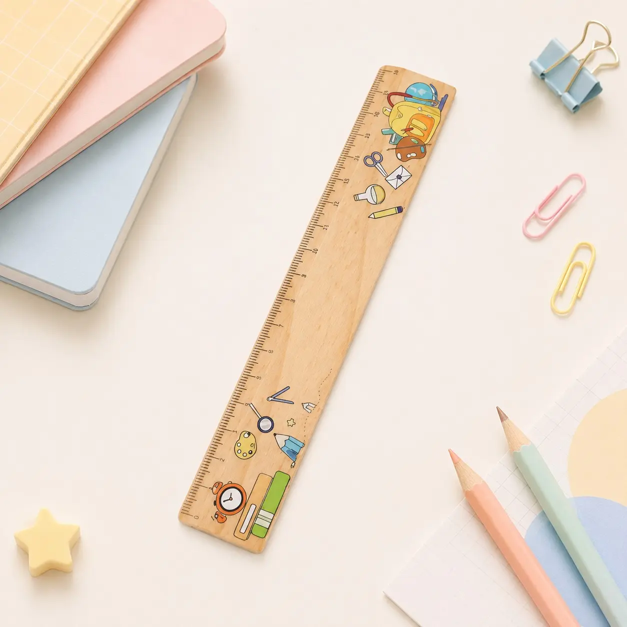 18cm Wooden Ruler with Colorful Printed Designs, Straight Measuring Tool with Butterfly and School Supply Patterns, Portable Metric Ruler for Students, Classroom, Office, Drawing, Study, Back to School and Stationery Gifts