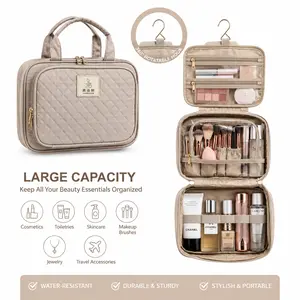 Premium PU Cosmetic Bag Toiletries Bag Multi-Compartments Make-up Tools Organiser Travel Beauty Essentials Storage Bag Zipper Closure with Double Puller