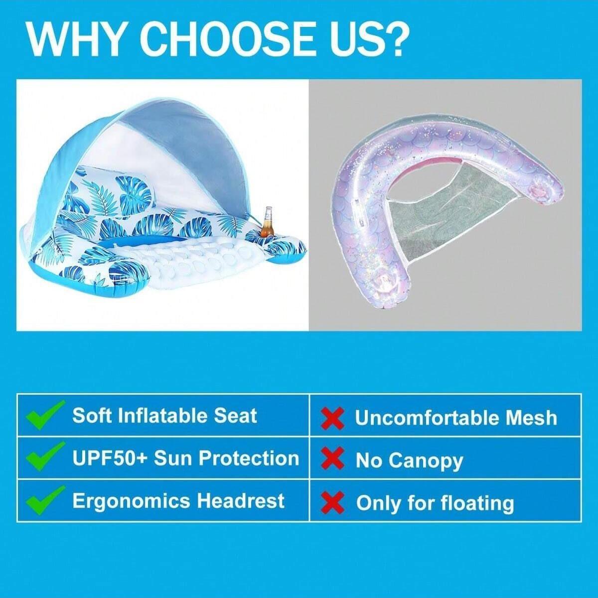 Inflatable Pool Float with Canopy, Inflatable Pool Chair Lounge Float with Adjustable Sun Shade Cover, Drink Holder, Ergonomic Headrest, Swimming Accessories, Inflatable Pool Floaters