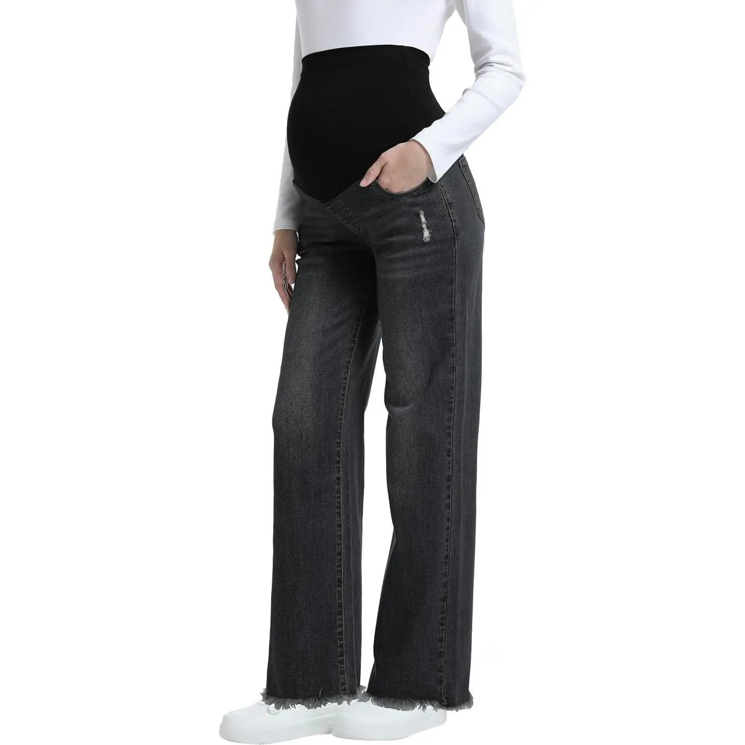 Women's Maternity Jeans Wide Leg Stretchy Raw Hem Denim Pants | Over the Belly, Stretchy Flared Pregnancy Jeans, Straight Leg Loose Fit, Fashion Mom Jeans, All Trimester