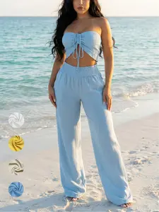 Women's Sexy Bandage Halter Neck Crop Top & High Waist Pants Set, Summer Lightweight Casual Fitted Two-Piece, Perfect Vacation Wardrobe Essential