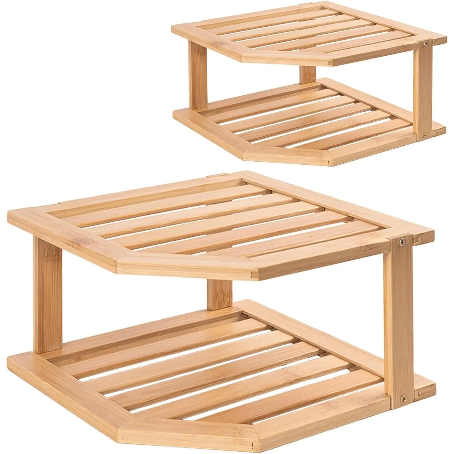 Bamboo Corner Shelf(2 Pack),2 Tier Plate Organizer for Cabinet and Countertop,Pantry Dish and Spice Rack for Kitchen