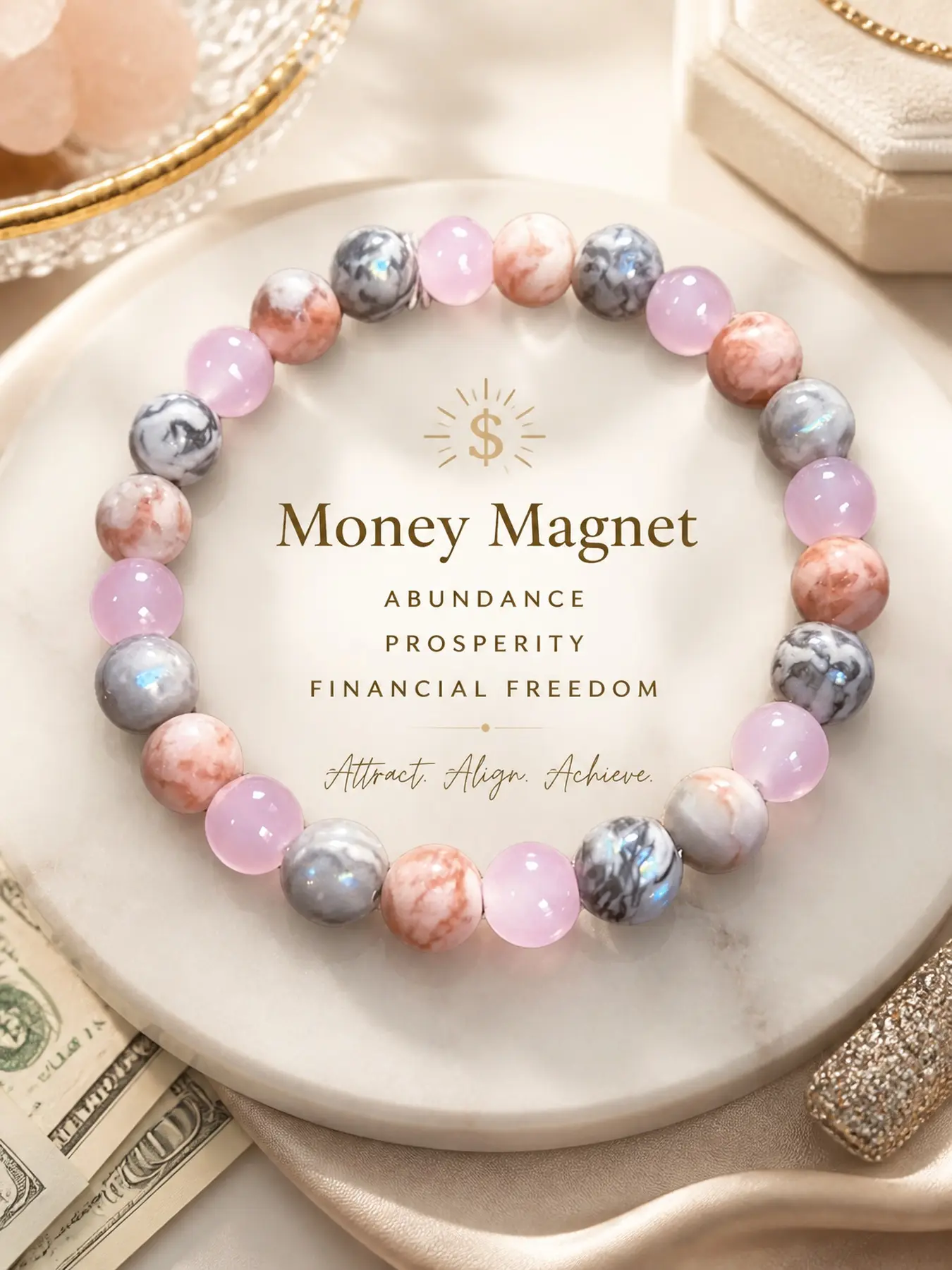 Pink Crystal Beaded Bracelet for Women, Natural Stone Inspired Bracelet, Lucky Charm Jewelry Gift for Success, Confidence & Positive Vibes