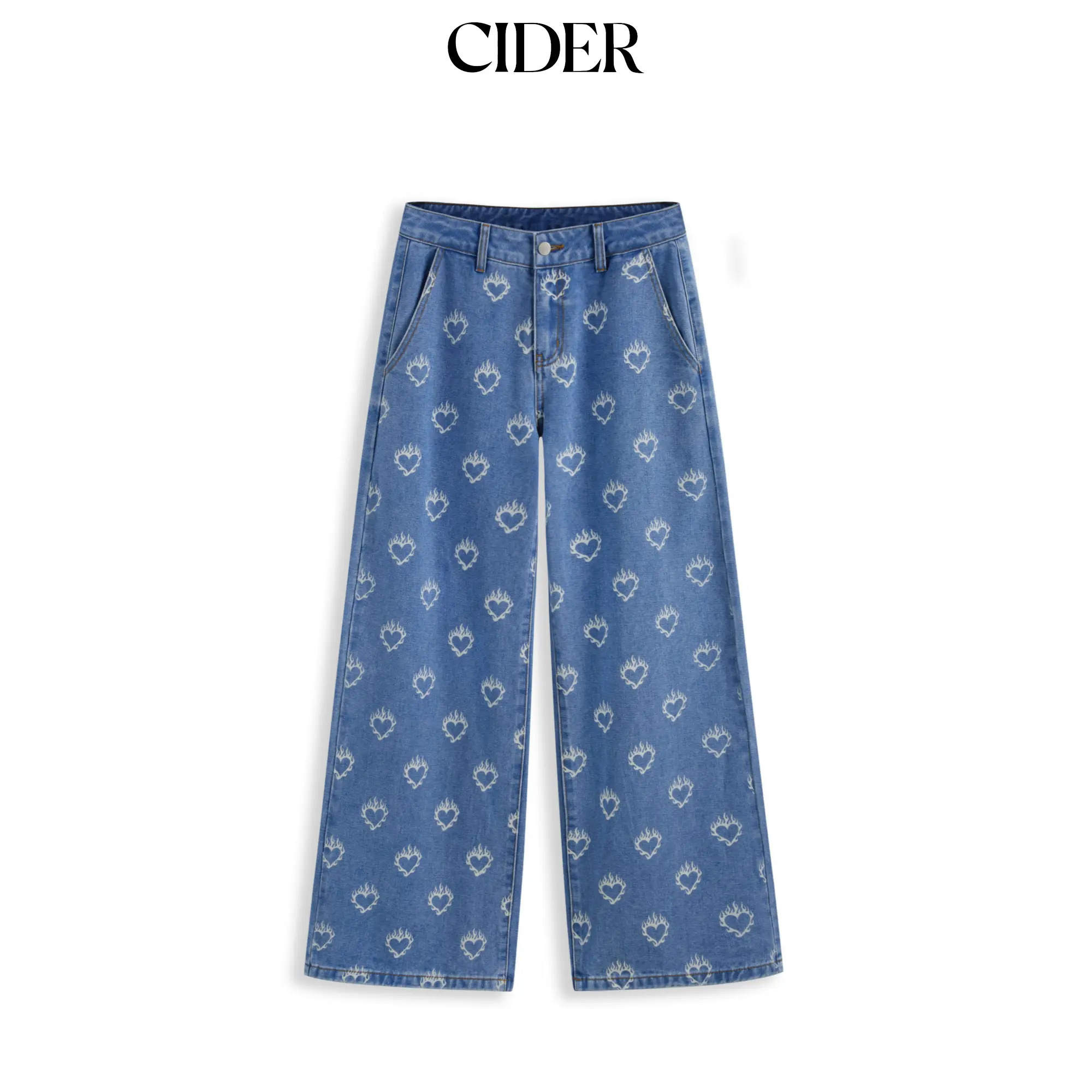 Cider [size 0-10] Cider Denim Mid Rise Fire Heart Graphic Pocket Wide Leg Jeans