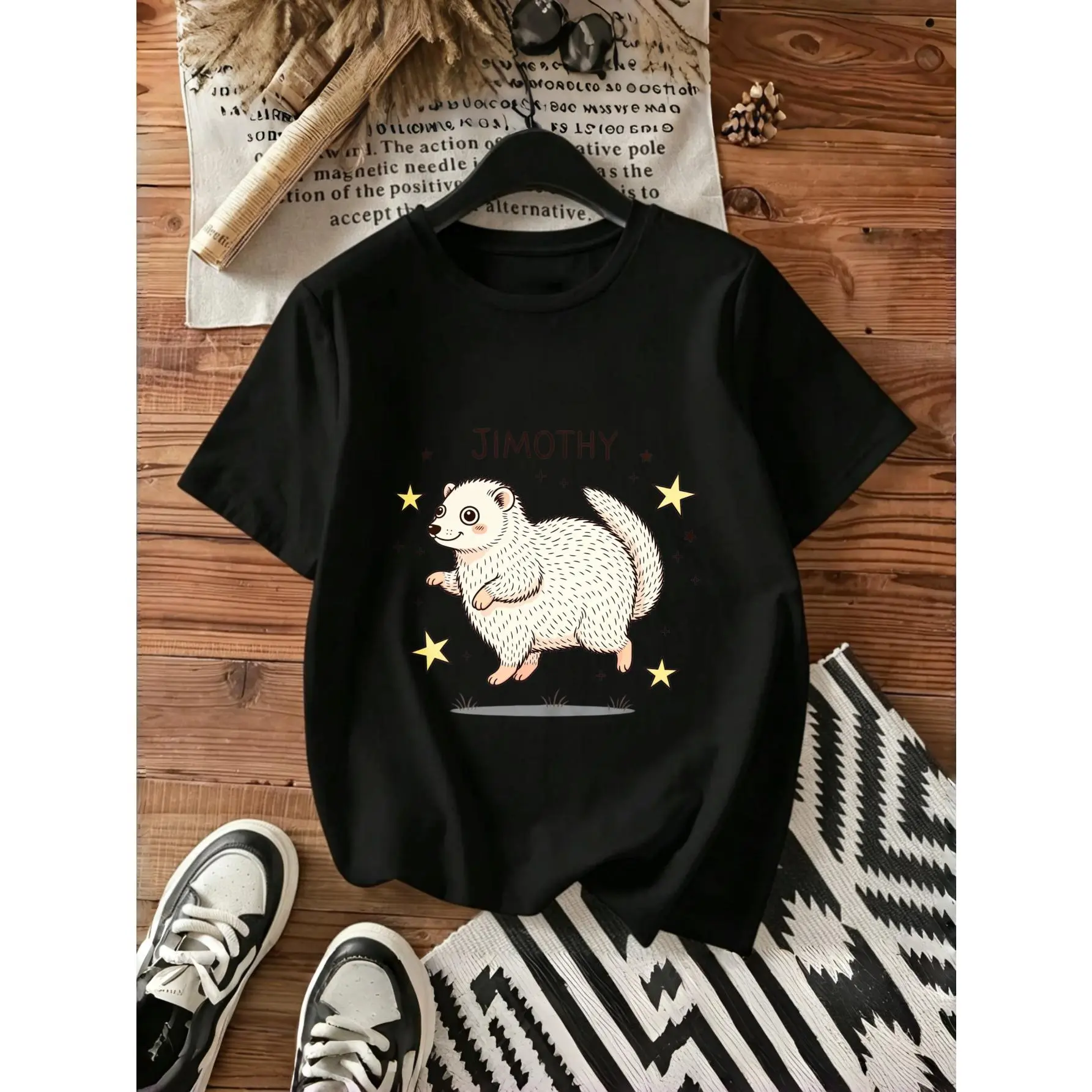 Unisex Kawaii Cottagecore Ferret Graphic T-Shirt, Casual Oversized Shortsleeve Top in Soft Cotton Fabric for Streetwear, Tshirt, Round Neck, Moon Star Print, Loose Cut