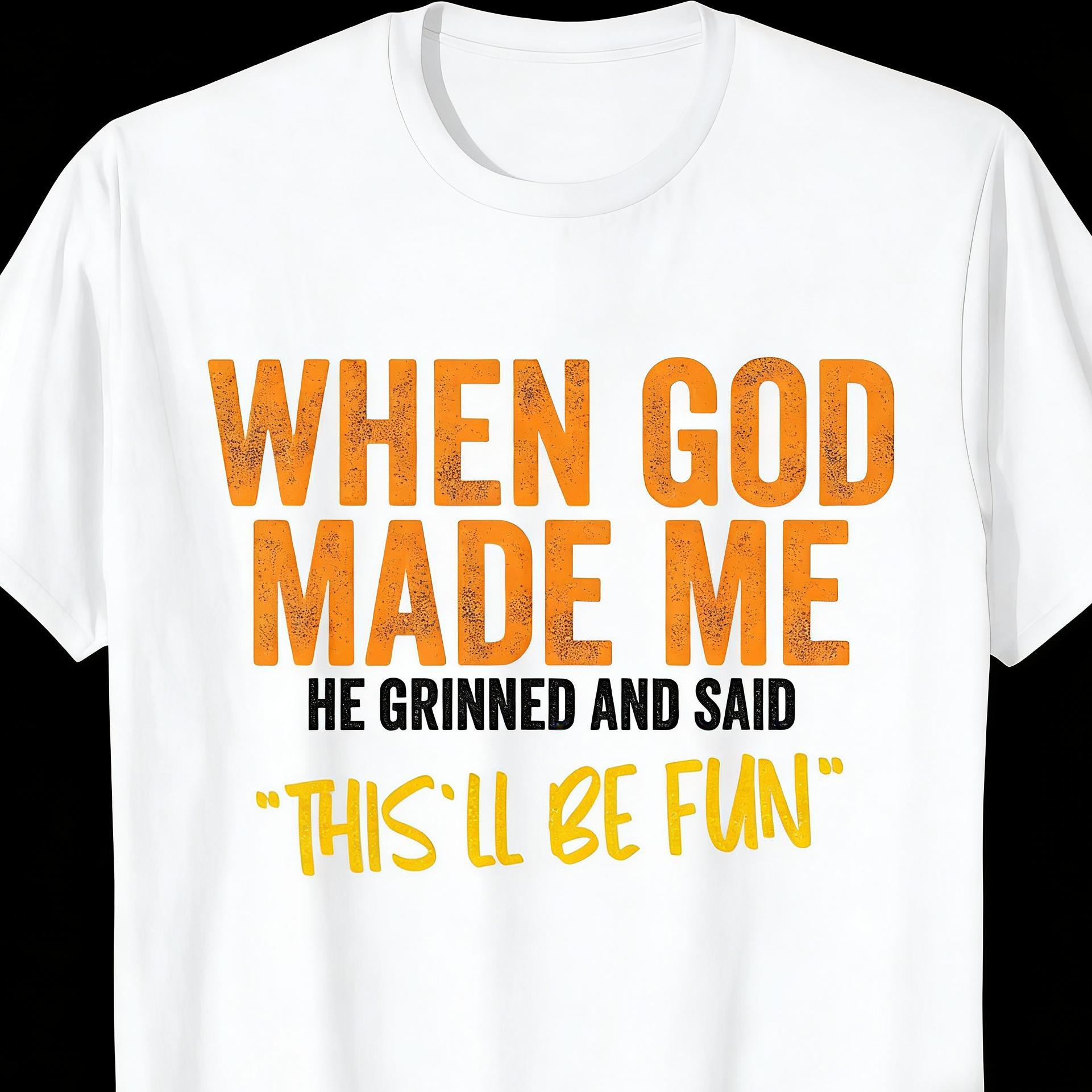 When God Made Me Funny Quote T-Shirt - Unisex-Adults, Unisex-Kids - Black - Small - Short Sleeve - Classic Fit - Cotton, Polyester Blend Graphic tees Retro Double-Sided Water Wash Vintage Metalcore