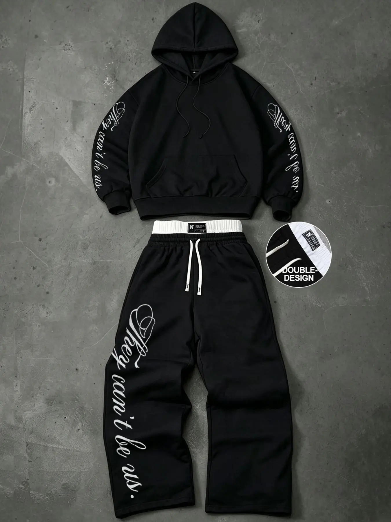 Trendy Y2K Streetwear Graphic Sweatsuit Set | Double Waistband Drawstring Sweatpants & Hoodie Two-Piece | Aesthetic Oversized Casual Tracksuit for Men & Women