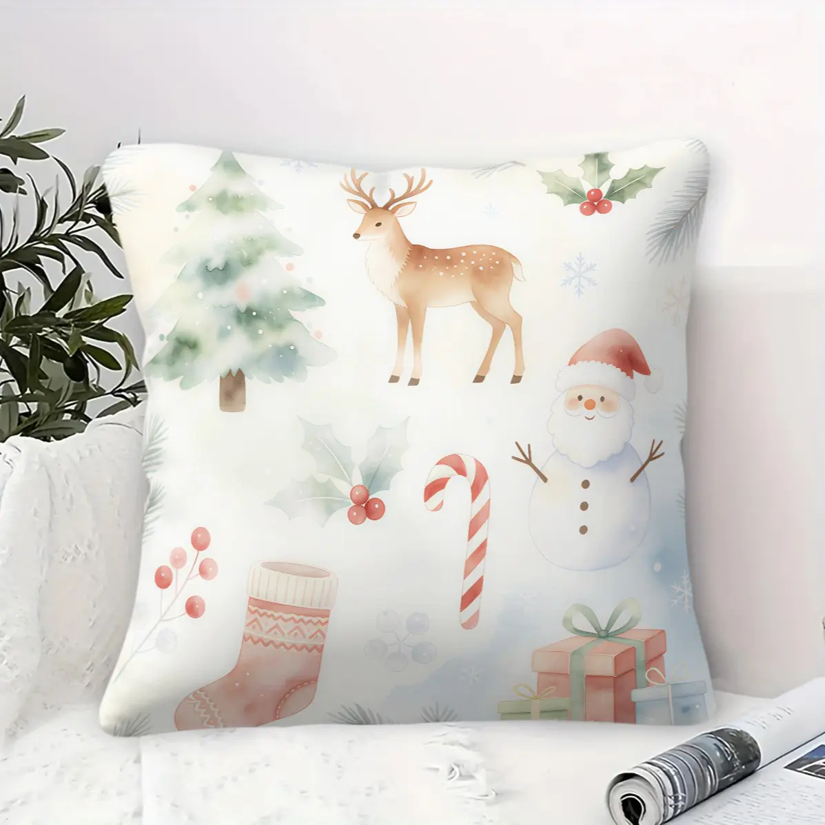 45x45cm 1Pc Christmas Throw Pillow, Reindeer Snowman Tree Print, Cozy Holiday Decor Cushion With Insert