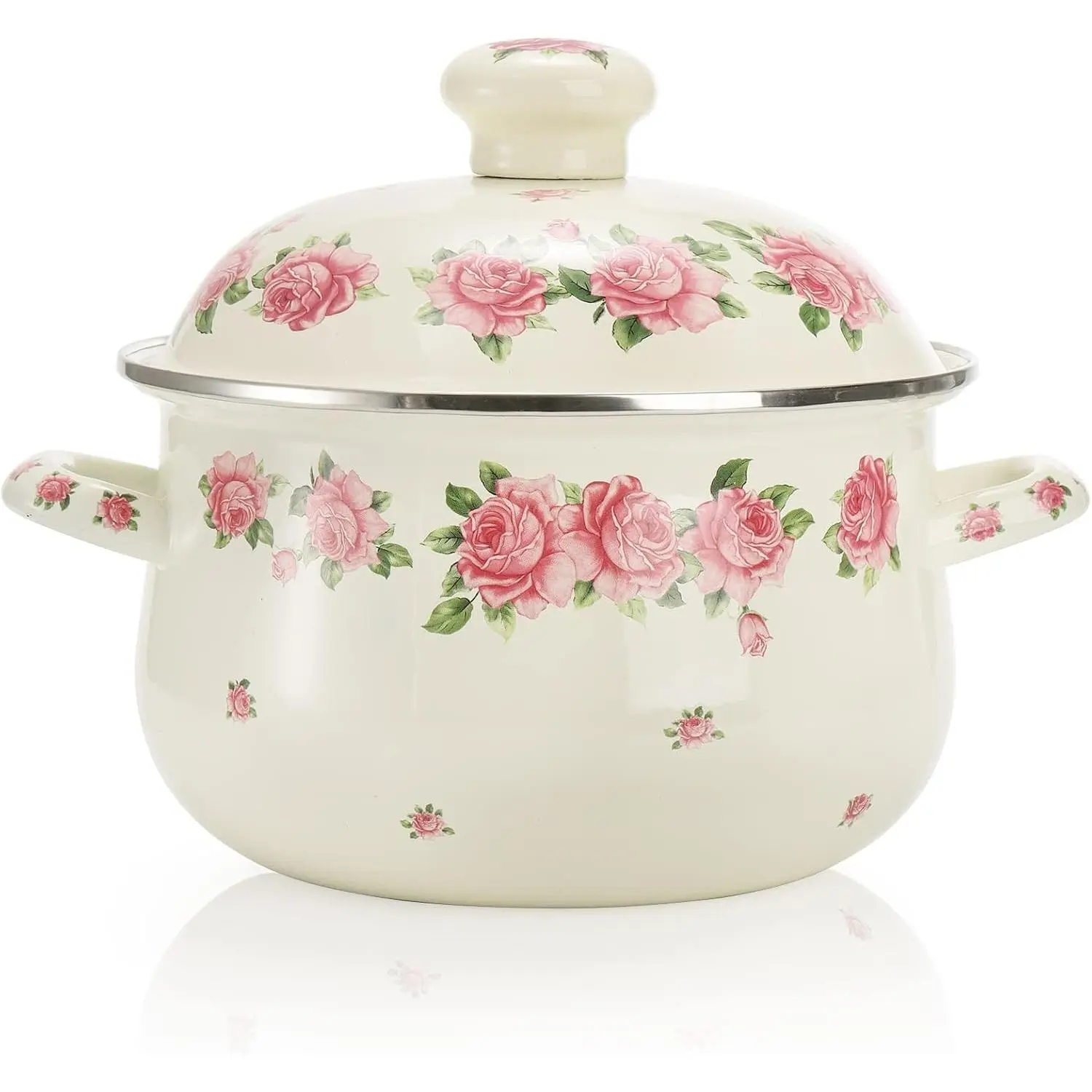 Enamel Stockpot with Lid, 2.8 Quart Retro Vintage Floral Cooking Pot, Stew Simmer Pot with Handle, Kitchen Soup Pot, Safe for Induction Cookers and Gas Stove