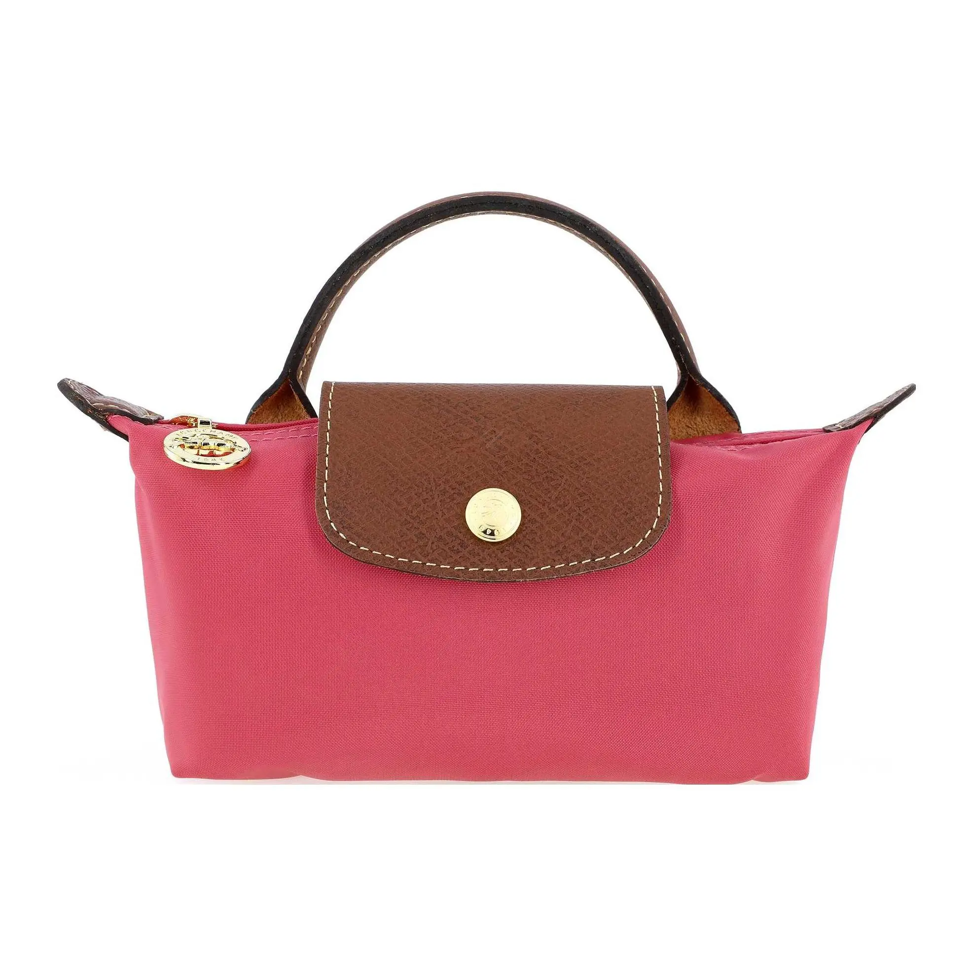 Longchamp Le Pliage Short-Handle Zip Top Clutch Bag for Women – Canvas with Leather Trim, Pomegranate Red