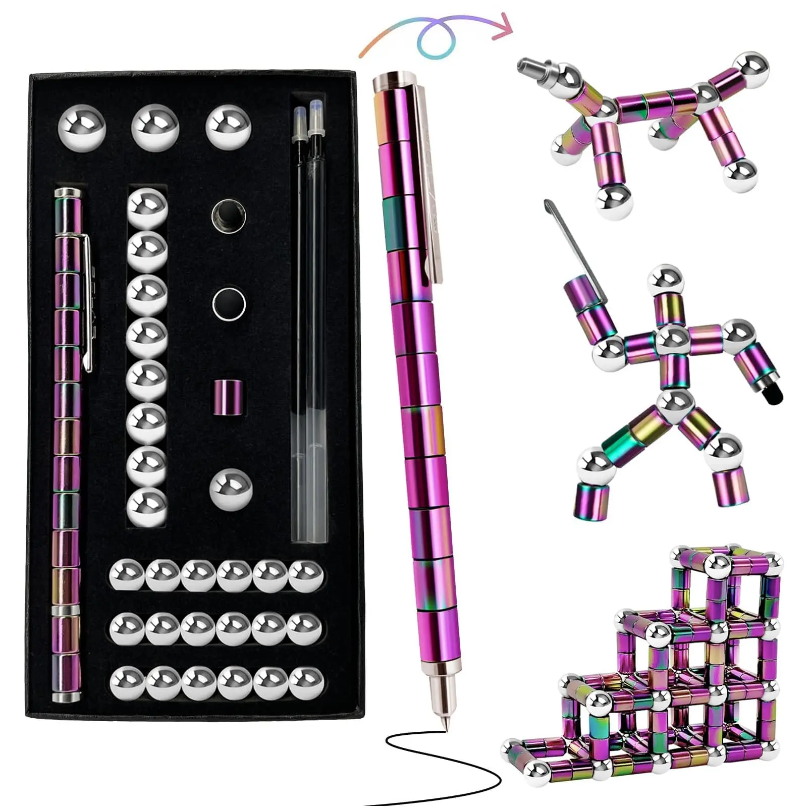 Magnetic Fidget Pen, DIY Deformable Magnet Building Splicing Pen, Multi‑Function Ballpoint Pen with Capacitive Touch Stylus, Stress Relief EDC Desk Fidget Toy, Cool Novelty Gift for Teens Adults Students Office Workers