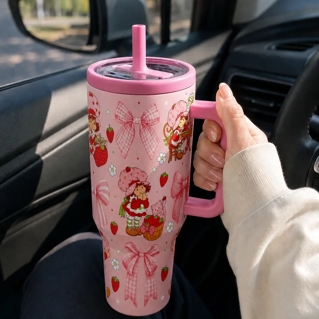 1pc 40oz Vacuum Insulated Coffee Tumbler, Insulated Tumbler Mug, Double-Wall Slim Design with Handle & Leakproof Lid, Keeps Hot for 12 Hours & Cold for 24 Hours, Pink Bow Strawberry Shortcake Print, Perfect Travel Drink Cup & Holiday Gift for Women