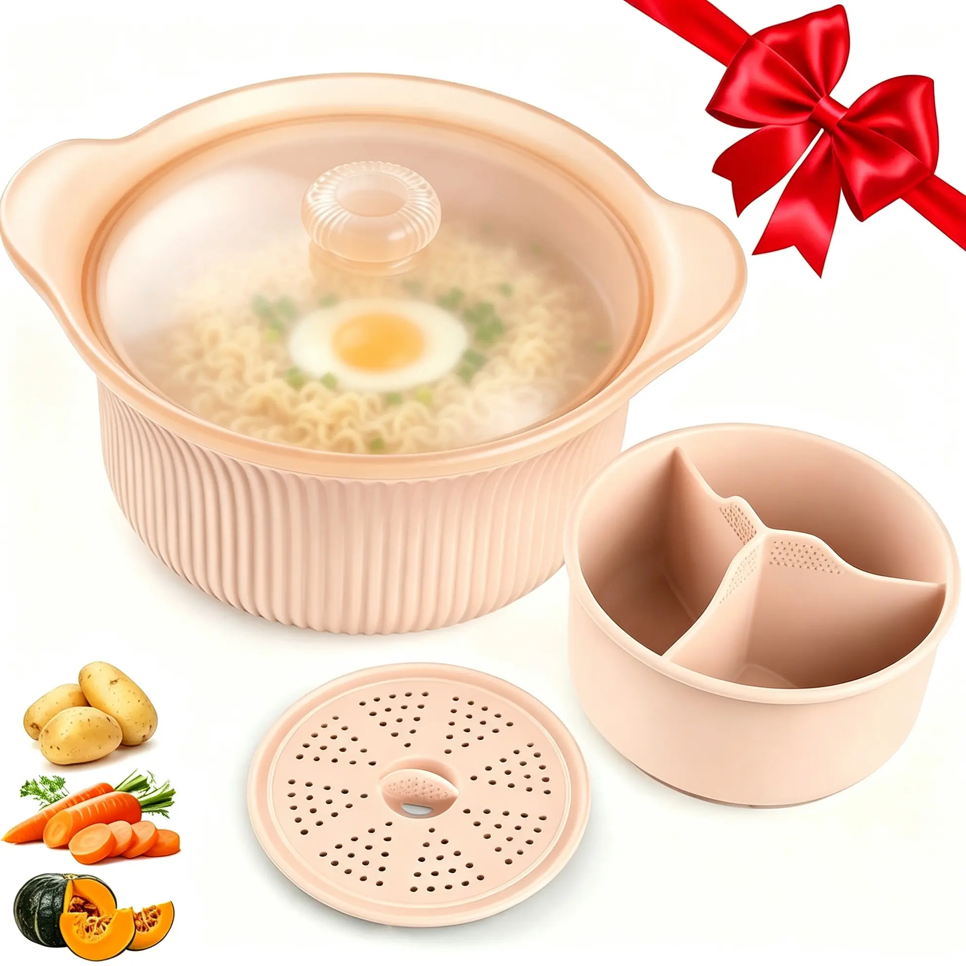 42oz Silicone Microwave Steamer Pot , 3 Compartmented for Vegetables/Fish/Baby Food,  4 in 1 Microwave Pot with Handle, Lid, Basket, Vegetable Steamer for Cooking Fresh & Frozen Vegetables Dumplings Buns Prep Meal, Oven & Dishwasher Safe