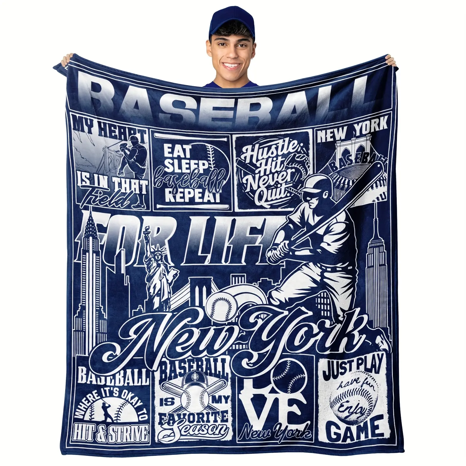 New York Baseball For Life Grid Patchwork Flannel Throw Blanket NYC Skyline Baseball Player Motivational Slogan Warm Blanket Gift Baseball Fans All Ages