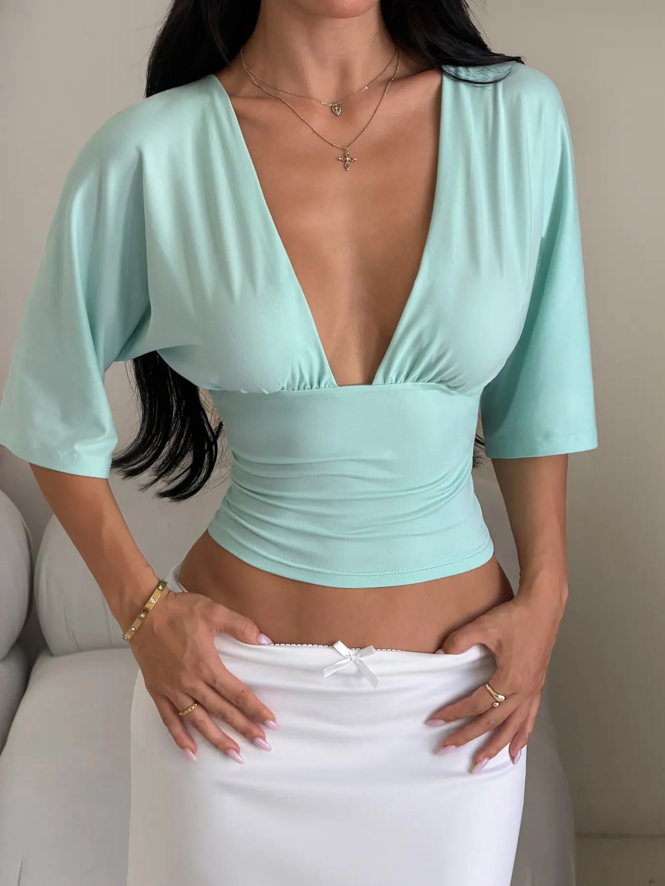 Light Blue Deep V Neck Crop Top Women Short Sleeve Slim Fit Ruched Bust Backless Y2K Going Out Casual Streetwear Summer Fashion Blouse