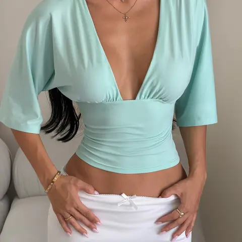 Women's Y2K Deep V-Neck Cropped T-Shirt, Casual Short-Sleeve Slim-Fit Ruched Backless Tee for Daily Wear, Streetwear Top, Summer Clothes, Trend