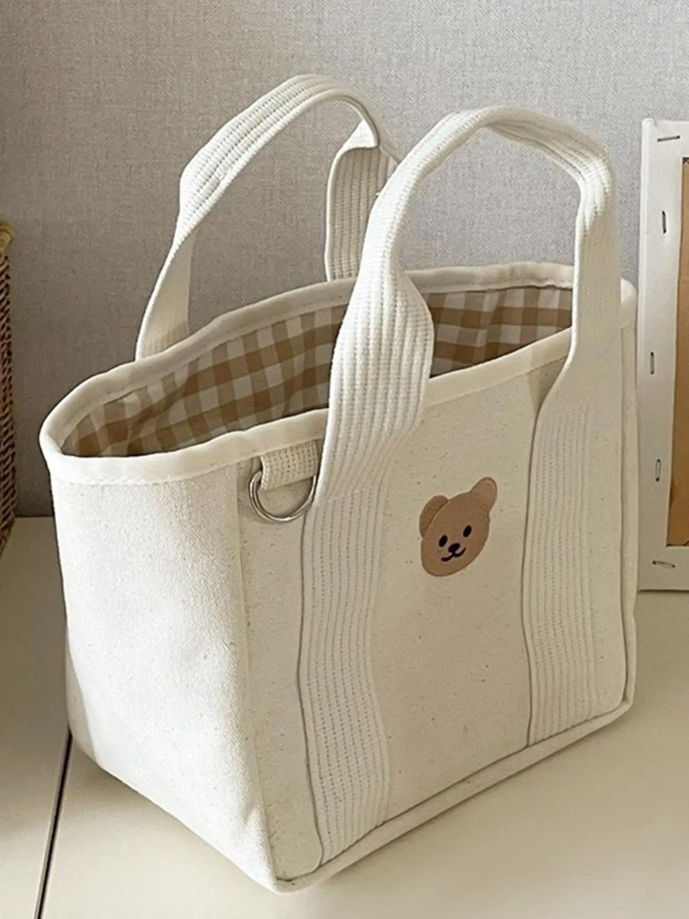 Cute bear embroidered canvas bag, Casual trendy bag, Fashion bags, black and white contrast color parent-child style, practical handbag crossbody bag combination, single shoulder handbag, suitable for daily travel, outdoor picnics
