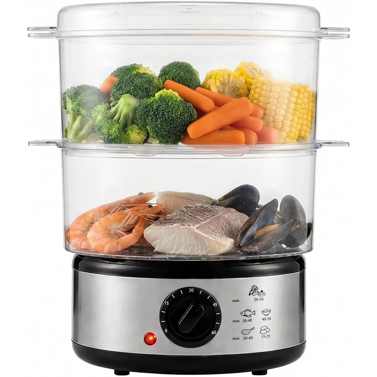 2-Tier Electric Food Steamer, 5 Quart Stainless Steel Stackable Steam Cooker with 400W Power, 60-Minute Timer & Auto Shut-Off, Dishwasher Safe, Healthy Vegetable & Seafood Steamer, Silver FS62S
