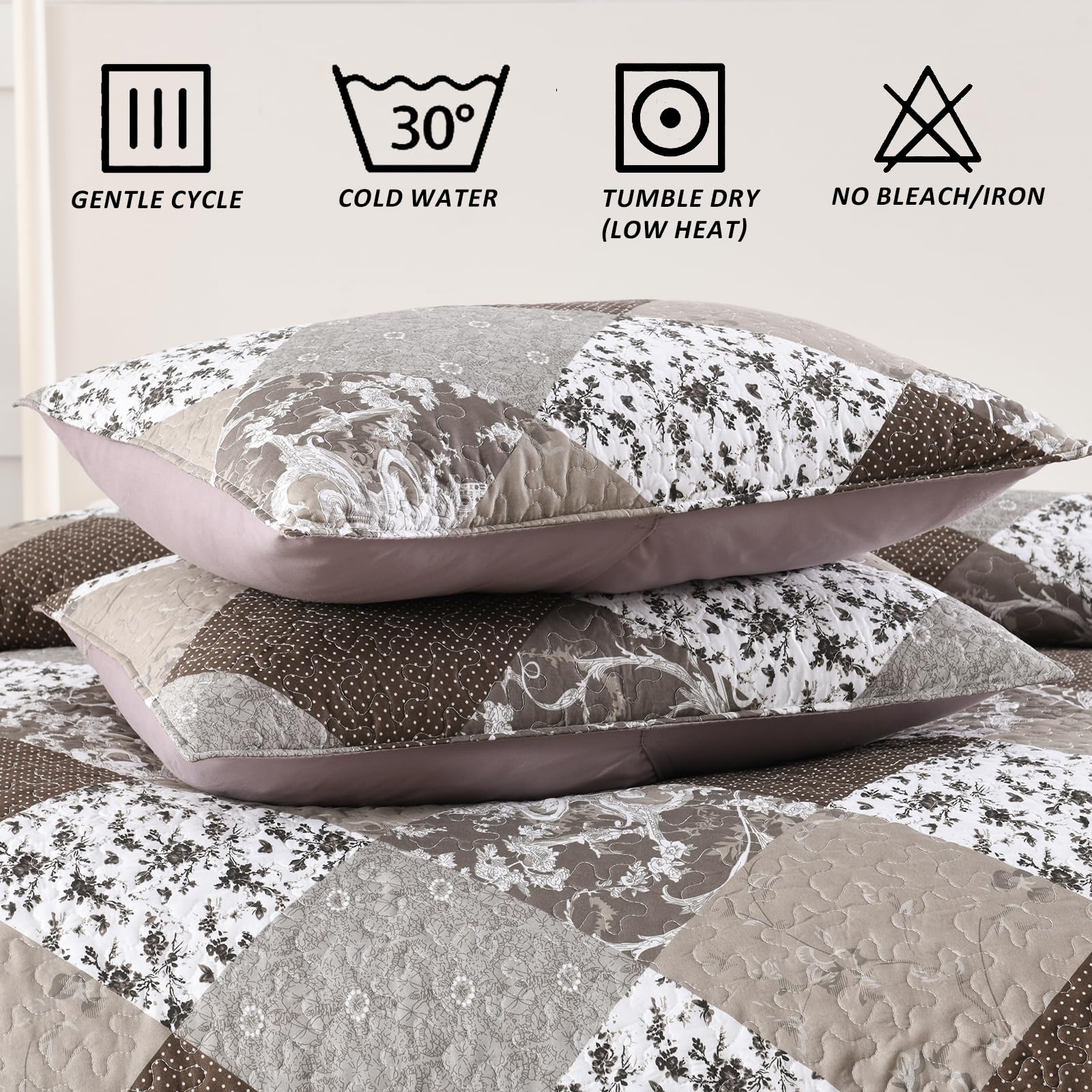 GREAGLE Quilt Set Queen Size, 3 Pieces Bedspread Coverlet Plaid Patchwork Quilt Farmhouse Queen Size Comforter Set Lightweight Bedding with 2 Pillow Covers Shams for All Season Gray Brown White cozy sheets