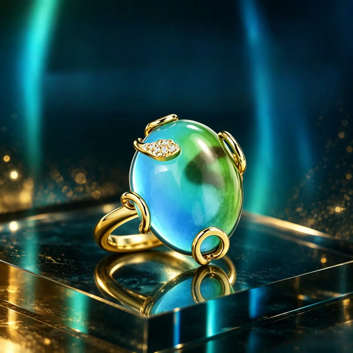 Adjustable Mood Color Change Glass Ring for Women, Gold Plated Copper Vintage Wrap Setting Statement Finger Jewelry with Micro Crystal Leaf Accent, Temperature Reactive Gradient Translucent Glass Stone Dainty Unique Daily Outfit Accessory, Sentimental Bir