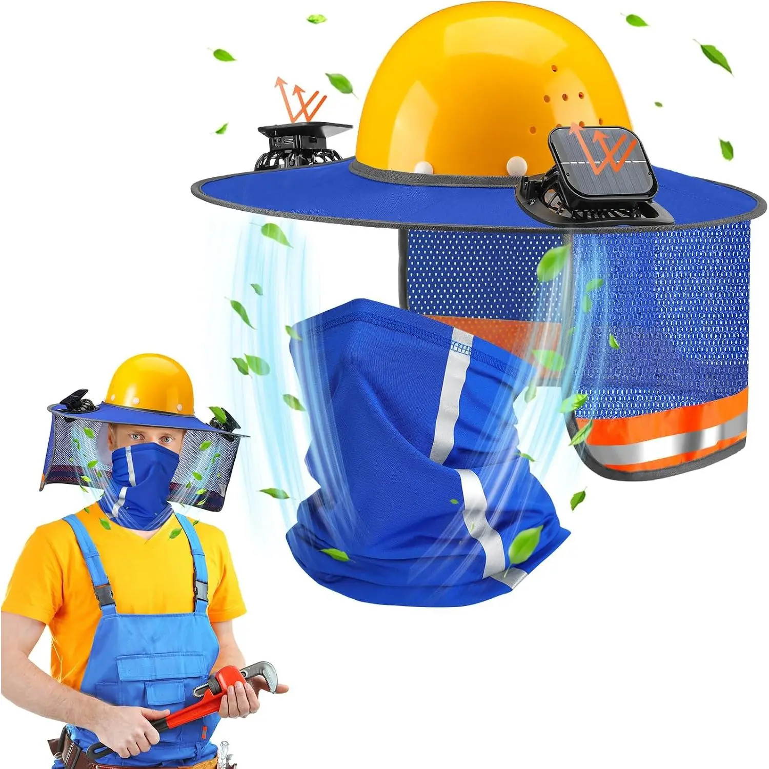 2-Pack Construction Hard Hat Sun Shield with Solar Fan, Full Brim Neck Shade, UV Protection Accessory for Outdoor Work Helmets