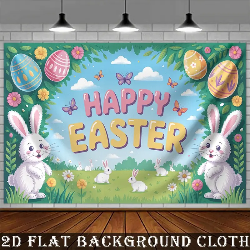 2D Flat Easter Bunny Banner | Colorful Rabbits & Easter Eggs Spring Backdrop | Single-Sided Polyester | Metal Grommets for Easy Hanging | Easter Party, Photo Booth & Indoor/Outdoor Decor