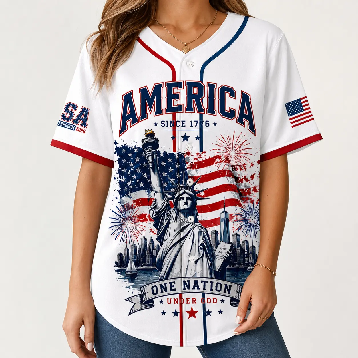 USA Patriotic Baseball Jersey Independence Day Button Down America Flag Shirt, Statue of Liberty 4th of July Outfit for Men Women,Size S-5XL,clothes,outfits,men's wear,men fashion,summer men clothes,fashion men clothes,4th of july shirts