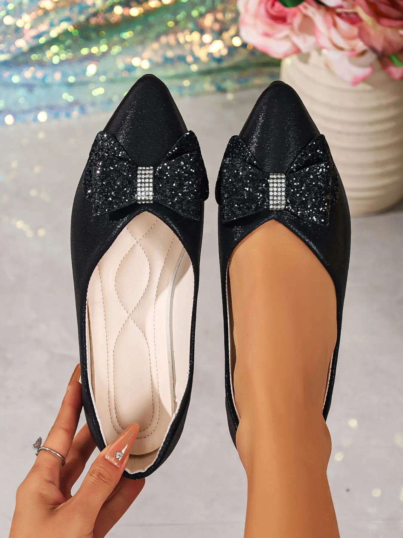 Women Metallic Silver Color Pointed Toe Flat Shoes, Footwear, Rhinestone Bow Decor Slip on Ballet Flats, Wedding Party Casual Dress Shoes