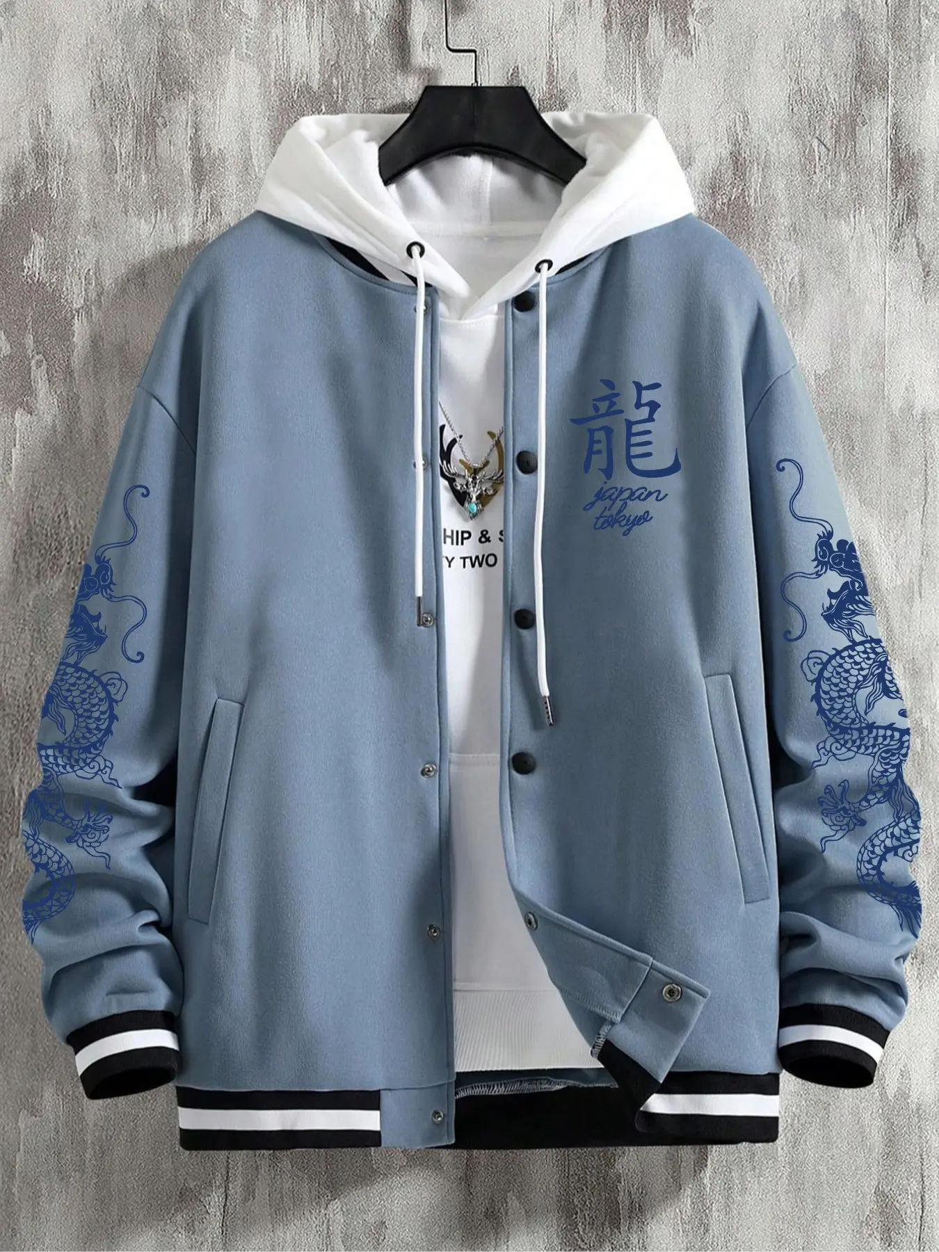 Men's Dragon Print Baseball Jacket, Autumn Chinese Style Hanzi Pattern, Mist Blue Loose Button Front Coat, Casual, Fashionable Outerwear