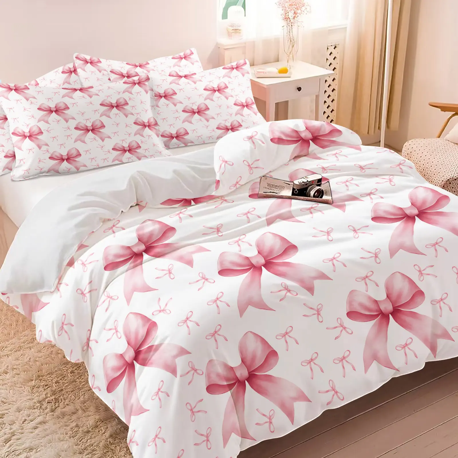 3Pcs Butterfly Bow Knot Pattern Bedding Set, Including 1 Count Duvet Cover & 1/2 Counts Pillowcase Without Filler, Soft Comfortable Bedding Set, Kawaii Girly Bedroom Decor, Gift For Teen Girls & Coquette Style Lovers