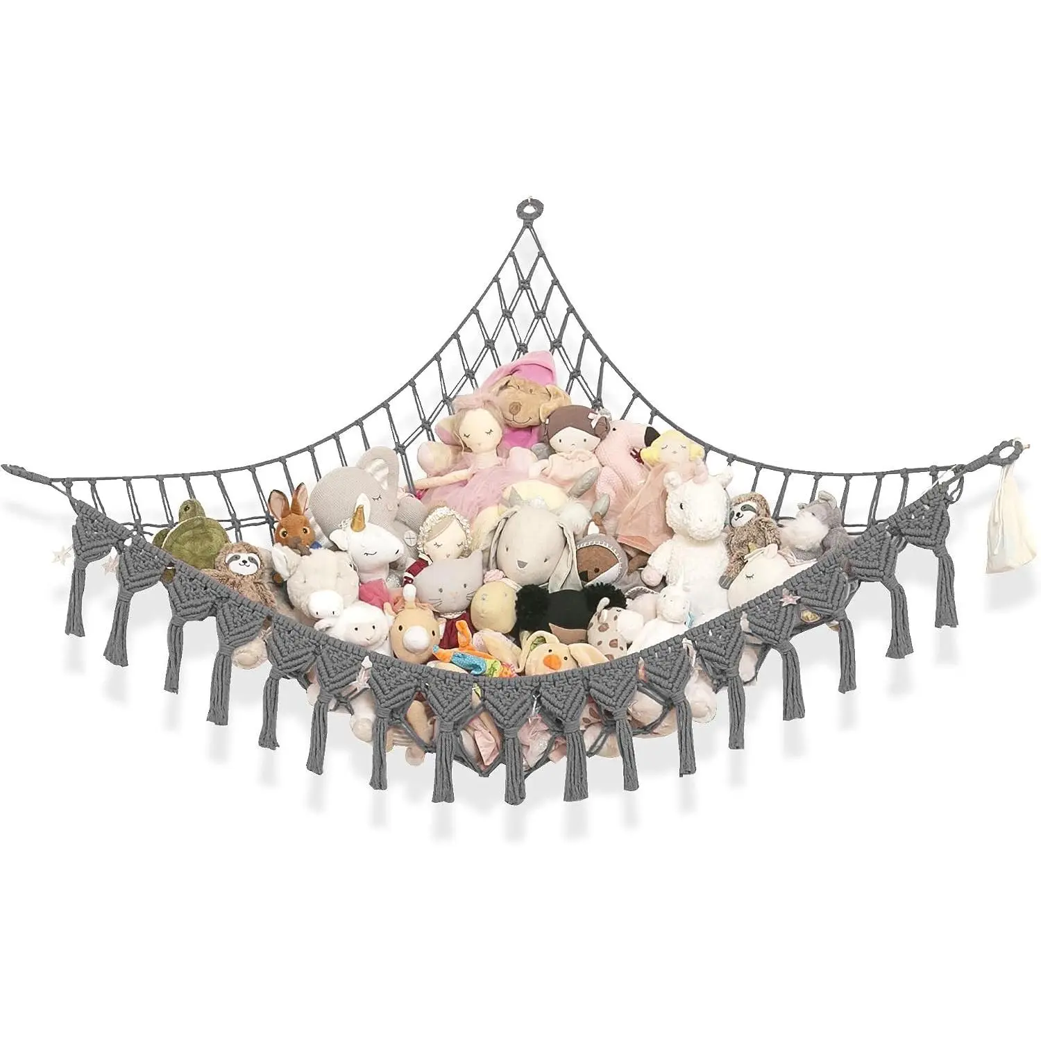 Gray LED Plush Storage Hammock Corner Organiser Set - 25LB Capacity Wall Hook Net for Small/Large Plushies, Boho Macrame Squishmallows