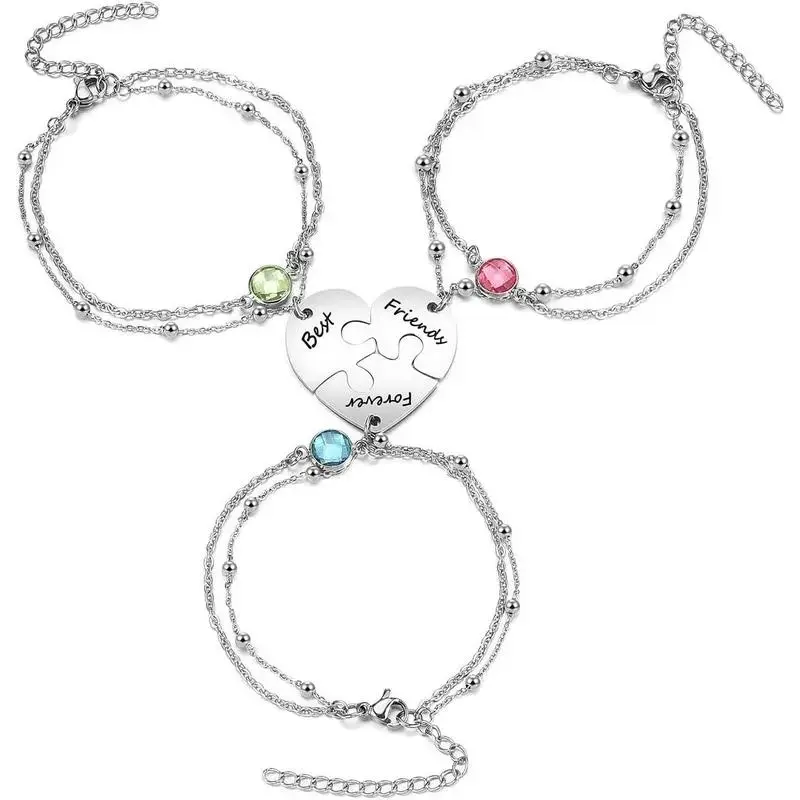 3/4 Pcs Puzzle Piece Bracelet Set for Family Best Friend Stainless Steel Best Friends Forever Anklet Bracelet BFF Matching Heart Pendant Friendship Jewelry for Women