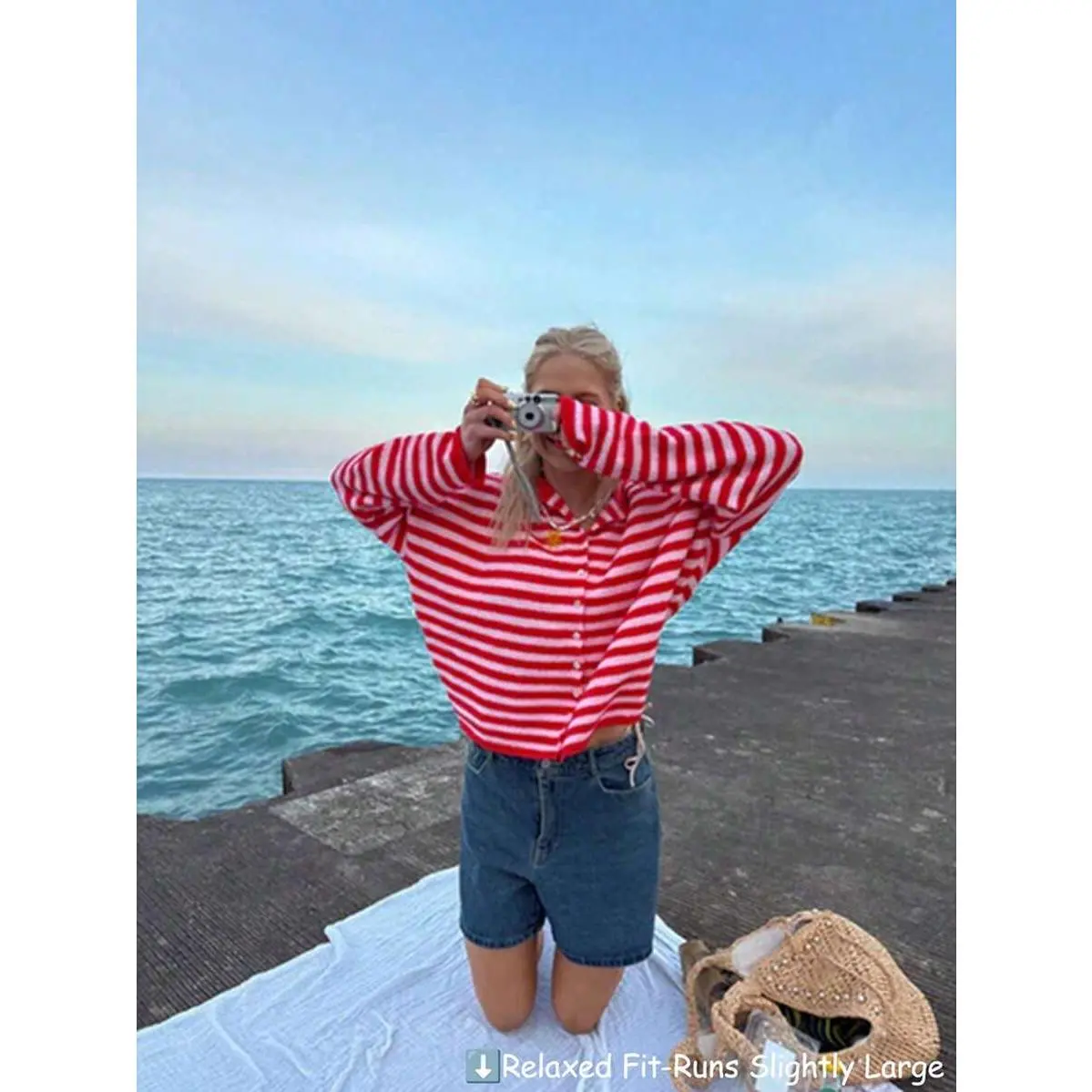 baba,aknitwear,fabric,,Vivid Style Autumn/Winter New Women's Fashion Street Loose Striped Knit Cardigan Sweater Jacket, Street Style, Airport, Christmas, Christmas Sweater, New Year
