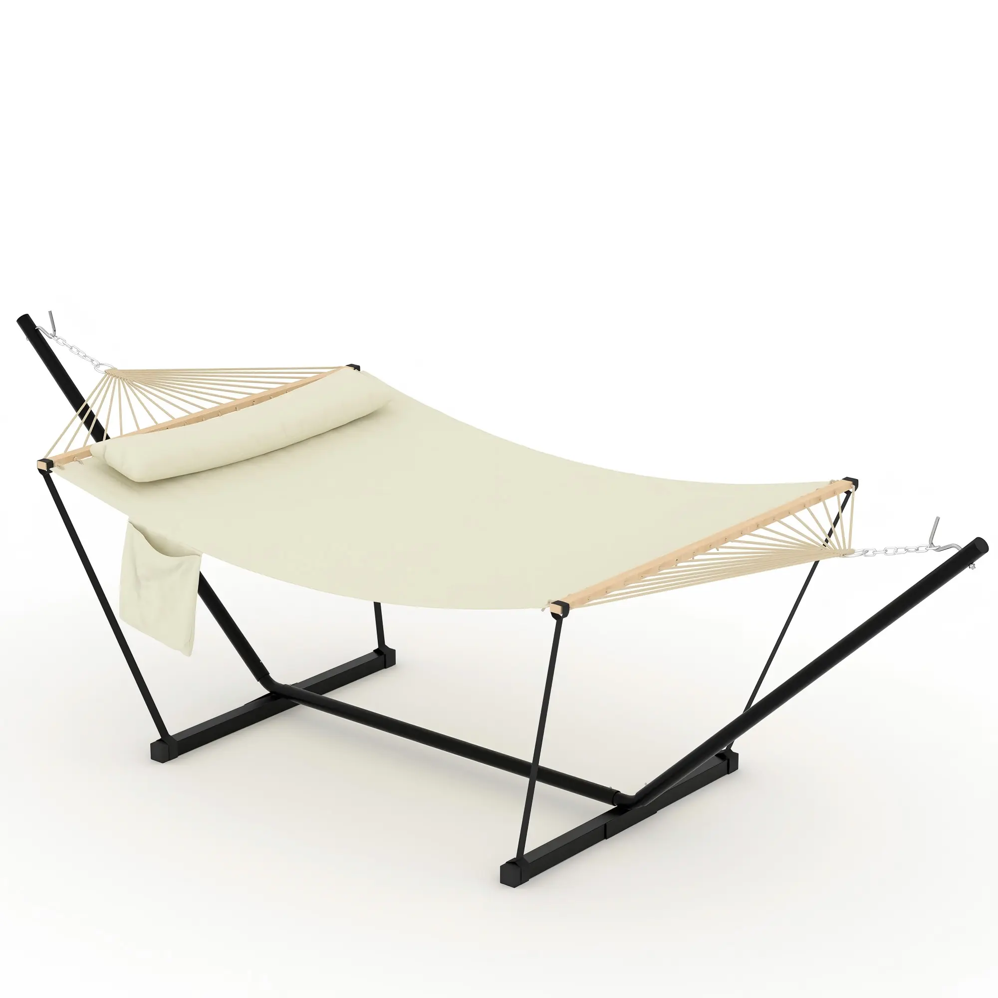 12FT Double Quilted Hammock with Steel Stand, Heavy Duty 450lbs Capacity 2 Person Freestanding Hammock with Pillow & Side Pocket, Comfortable Patio Outdoor Hammock Bed for Backyard, Garden, Balcony (Off-White)